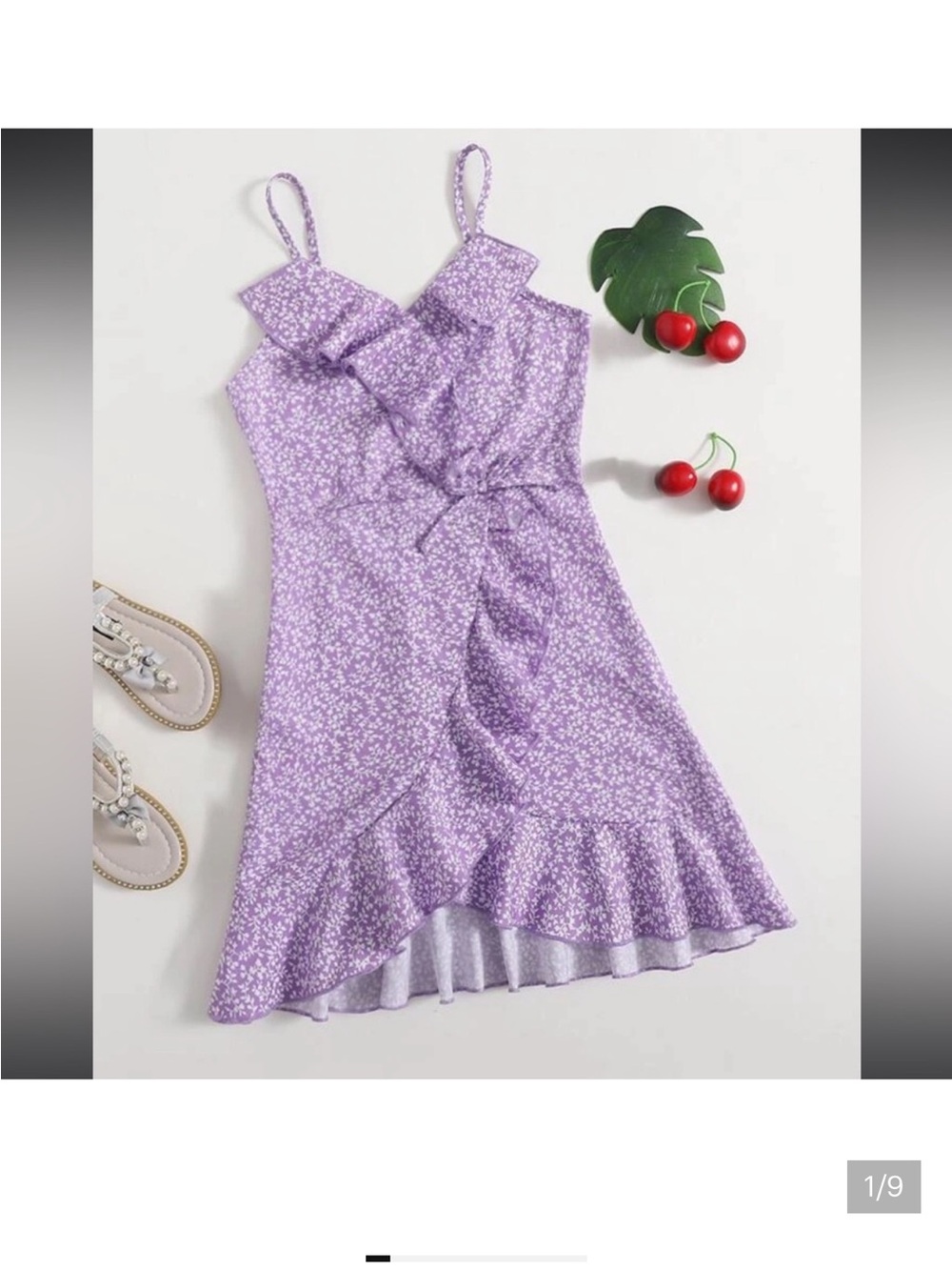 💜Purple and White Mini Floral Print Ruffle Wrap Dress
